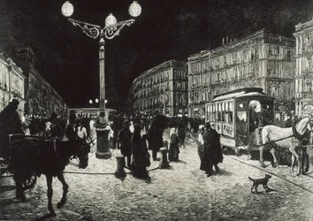 Madrid (1878). Die Puerta del Sol beleuchtet mit elektrischem Licht. Bild nach einer Zeichnung von Pellicer für „La Ilustracion Española y Americana“. Radierung.