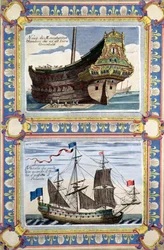Handelsschiffe der Niederländischen Ostindien-Kompanie (farbige Gravur)