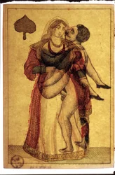 Alte Spielkarten: erotische Szene. Musé de la Carte à Plouer, Issy-les-Moulineaux.