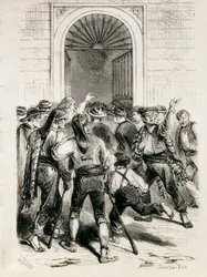 Spanien (1873). Proklamation der Ersten Republik und Erstürmung des Rathauses von Barcelona (11. Februar 1873). Radierung.