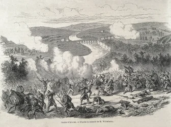 Spanien. Revolution von 1868. Schlacht von Alcolea (20. September), die zur Entthronung von Isabel II. führte. Gravur