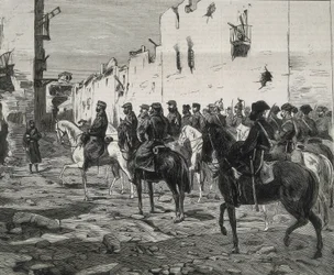 Spanien. Die Erste Republik (1873-1874). Kanton Cartagena. General Jose Lopez Dominguez in Cartagena nach der Kapitulation der Kantonalisten. Bild veröffentlicht in „La Ilustracion Española y Americana“. (Radierung)