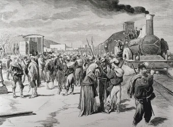 Spanien. Dritter Karlistenkrieg. Abmarsch eines Freikorps-Bataillons gegen die Karlisten aus Barcelona. Bild aus „La Ilustracion Española y Americana“ (8. April 1873). (Stich)