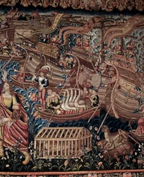 Der portugiesische Navigator Vasco da Gama (1459-1524) kam 1498 in Calicut in Indien an, Detail, Wandteppich