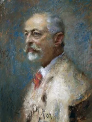 Porträt des italienischen Bildhauers Giuseppe Sartorio (1844-1922), von Arturo Rietti (1863-1943), Öl auf Leinwand. Italien, 20. Jahrhundert.