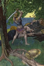 Perseus schneidet Medusa den Kopf ab