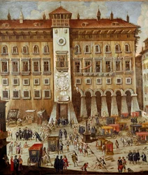 Platz des Gerichts der Vicaria in Neapel zur Zeit der Revolution Masaniellos. Verbrecher werden vor dem Eingang gerichtet, ein Mann hängt an einem Seil, Detail. Neapel, Museo Nazionale di San Martino