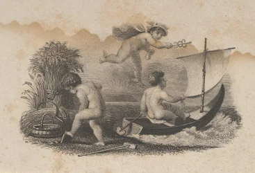 Banknoten-Vignette mit drei Putti, die Handel und Landwirtschaft symbolisieren, ca. 1824-37