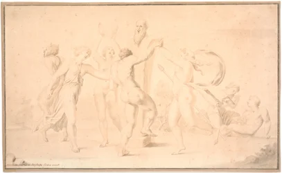 Bacchanal. Ein Satyr, ein Bacchant und drei Bacchantinnen tanzen um eine Priapsherme