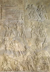 Relief, das Träger zeigt, die Holz zur Küste für den Seetransport bringen. aus dem Palast von Sargon II., Khorsabad, Irak