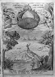 Archytas von Tarent (435-347 v. Chr.) fliegt eine hölzerne Taube. Gravur aus „Mundus Subterraneus“ von Athanasius Kircher (1601-1680), Jesuit, Orientalist und Gelehrter
