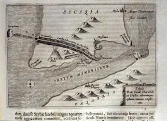 Kartografische Darstellung von Charybdis und Scylla in der Straße von Messina, Sizilien. Gravur aus „Mundus Subterraneus“ von Athanasius Kircher (1601-1680), Jesuit, Orientalist und Gelehrter 1682
