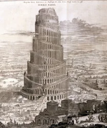 Der Turmbau zu Babel. Rekonstruktion durch Athanasius Kirche in seinem Werk "Turris Babel" über diesen Turmbau und die Geschichte der frühen Menschheit