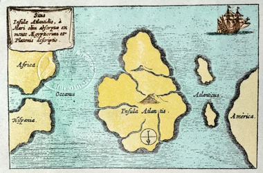 Karte der legendären Insel Atlantis - aus dem Mundus Subterraneus von Athanasius Kircher
