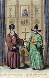 Porträt von Matteo Ricci (links), italienischer Jesuit und Paul Ly, großer Verbreiter des christlichen Glaubens in China, Gravur aus „De China monumenta“ von Athanasius Kircher (1601-1680), Jesuit, deutscher Orientalist und Gelehrter