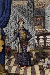 Der chinesische Kaiser und oberste Herrscher der Tartaren - Chinesischer Kaiser Kangxi (1652-1722) Qing-Dynastie, Gravur von Athanasius Kircher (1601-1680) aus „China Monumentis, qua sacris qua profanis“ 1667