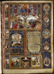 Missel de Thomas James: das Jüngste Gericht, mit Vignetten, die Szenen der Passion und des Lebens der Jungfrau darstellen.