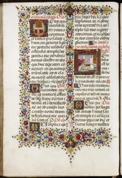 Missale von Thomas James: Seite mit zwei Initialen: ein Altar und die Weihe einer Kirche