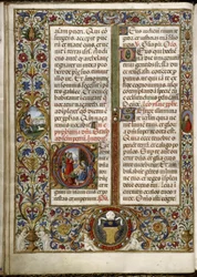 Missel de Thomas James: Seite mit einer Lettrine: die Anbetung der Könige und ein Medaillon im Rand: die Hirten der Verkündigung.