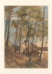 Blick von einem Hügel auf ein Haus an der Bucht von Arcachon