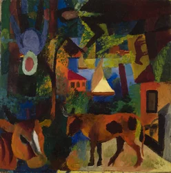 Landschaft mit Kühen, Segelboot und gemalten Figuren