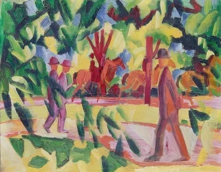Reiter und Spaziergänger in einer Allee