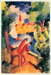 Zwei Männer lehnen sich an das Geländer mit Blick auf einen See (1914)