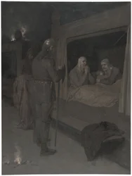 Njal, Bergthora und Thord Karisson beschließen, sich lebendig verbrennen zu lassen. Illustration zu Njals Saga, Kap. 129