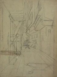 Perspektivskizze zu "Straßenkampf in einem venezianischen Gässchen"