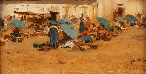 Ungarischer Markt mit blauen Schirmen