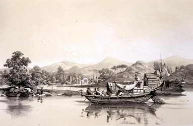 Chinesische Fähre zwischen dem Zollamt in Tchynay und Kanton, Tafel 18 aus 