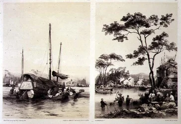 Handelsdschunke hinter Kanton und ein Dorf in der Nähe von Kanton, Tafeln 32 und 31 aus 