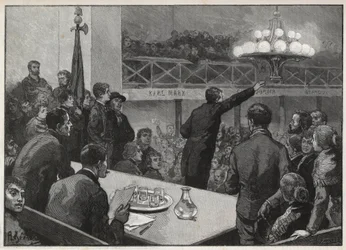 Versammlung für den Streik im Vooruit 1885 - Gravur in „Le monde illustré“ - Zeichnung von Gerardin