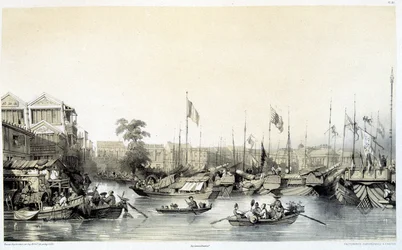 Europäische Faktoreien in Kanton - in „China and the Chinese“, Zeichnungen von Auguste Borget und Lithografien von Eugène Cicéri