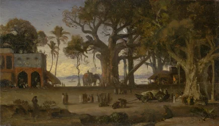 Mondschein-Szene mit indischen Figuren und Elefanten unter Banyanbäumen, Oberindien (wahrscheinlich Lucknow)