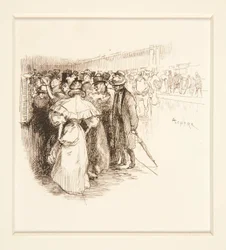 Menschenmenge am Fahrkartenschalter (?)