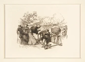 Mann im Walker, mit anderen Figuren in einem Park