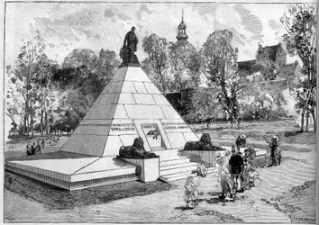 Ansicht des Denkmals zu Ehren des französischen Ägyptologen Auguste-Edouard Mariette (1821-1881) in Boulogne-sur-Mer, Pas-de-Calais (62). Gravur von Lepere in „Le Monde Illustré“ Nr. 1322 vom 29. Juli 1882.
