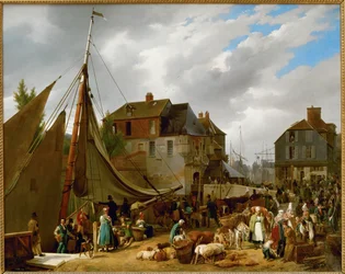Einschiffung von Vieh auf das Schiff "Le Passager" im Hafen von Honfleur, Frankreich
