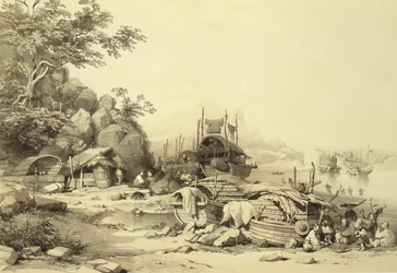 Hausboote in der Bucht von Cowloon, Platte 6 aus Skizzen von China, graviert von Eugene Ciceri, 1842