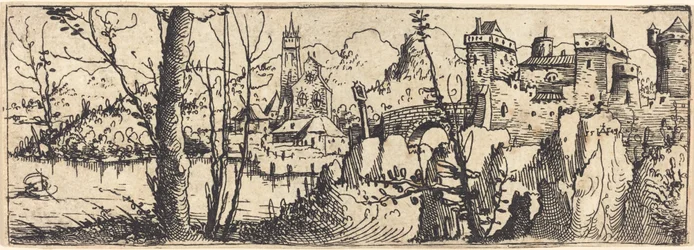 Landschaft mit Burg rechts, umgeben von Felsen