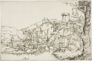 Landschaft mit Fluss, Stadt und Burg