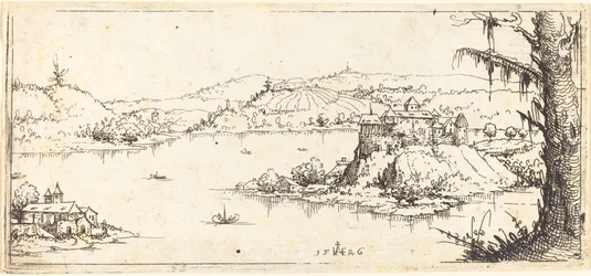 Landschaft mit einem großen See in der Mitte, 1546