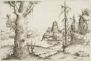 Flusslandschaft mit großem Baum im Vordergrund