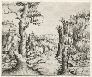 Flusslandschaft mit Felsen links und rechts