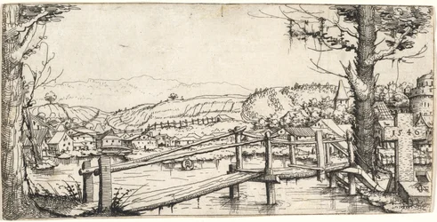 Flusslandschaft mit einer Fußbrücke