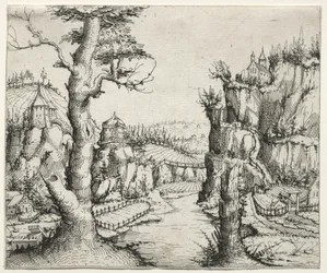 Flusslandschaft mit Felsen links und rechts