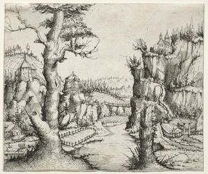 Flusslandschaft mit Felsen links und rechts, 1546
