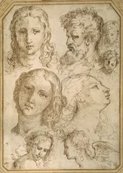 Kopfstudien: eine Frau, ein Engel, ein Jugendlicher und ein bärtiger Mann