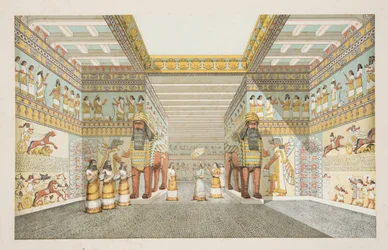 Rekonstruktion der Halle eines assyrischen Palastes, aus Denkmäler von Ninive, veröffentlicht 1849